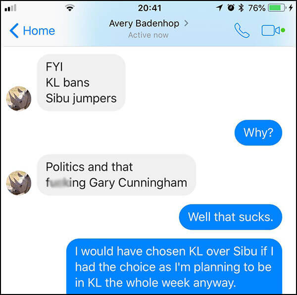 Avery Badenhop informs Sibu participants that KL Tower is banning them