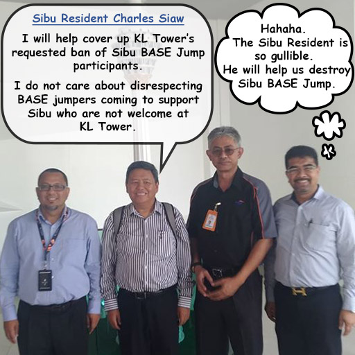 Sibu Resident Charles Siaw meets with KL Tower managament to help them cover up their requested ban of Sibu BASE Jump participants