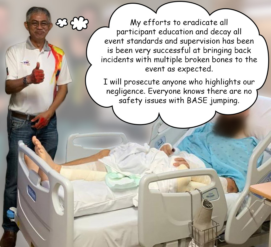 KL Tower CEO Datuk Rozlan Mohamed visits BASE jumper in hospital with multiple broken bones.